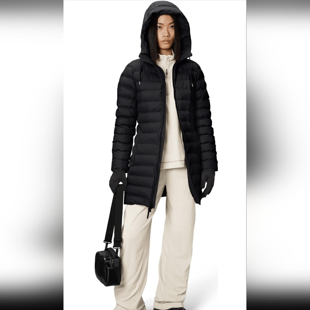 Rains, Lohja Curve Waterproof Long Puffer Jacket, Black, Size Small